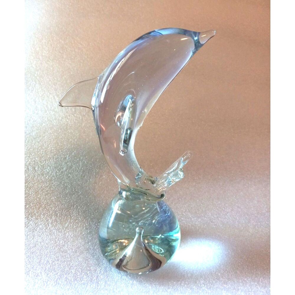 6.5" Vintage Aqua-Colored Blown Murano Art Glass Dolphin Paperweight